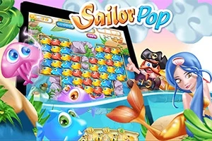 カラフルな魚が並ぶ画面を背景に、青い髪の人魚と海賊が描かれたイラスト。