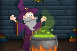 紫色のローブを着た魔法使いが、大鍋で緑色の液体を煮込んでいる。