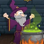 紫色のローブを着た魔法使いが、大鍋で緑色の液体を煮込んでいる。
