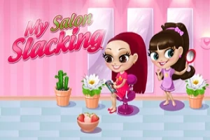 ピンクの背景に美容室風のインテリアがあり、2人の女性キャラクターが楽しく過ごしているイラスト。