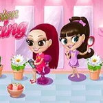 ピンクの背景に美容室風のインテリアがあり、2人の女性キャラクターが楽しく過ごしているイラスト。