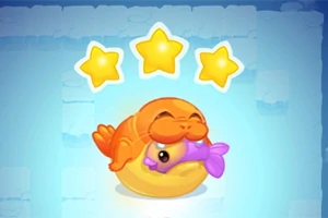 オレンジ色のアシカが黄色いボールの上に乗っていて、背中の上に3つの星が輝いているイラスト。
