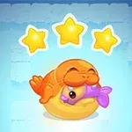 オレンジ色のアシカが黄色いボールの上に乗っていて、背中の上に3つの星が輝いているイラスト。