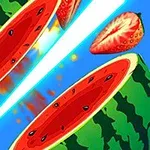 スイカとイチゴが刀で斬られた瞬間を描いたイラスト。