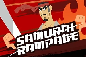 赤い背景に侍のキャラクターが描かれ、剣を持っている。