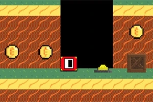 レンガ模様の背景に金色のコインと赤い四角い数字アイコン、木箱が配置されているドット絵。