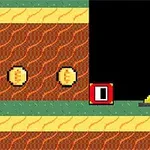 レンガ模様の背景に金色のコインと赤い四角い数字アイコン、木箱が配置されているドット絵。