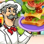 シェフのキャラクターがサンドイッチを持っているイラスト。