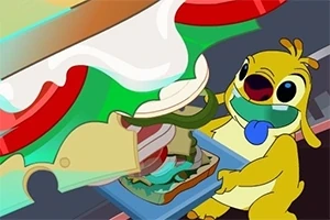 黄色いキャラクターが大きなサンドイッチを作っている場面。