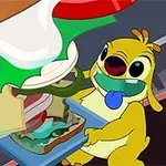 黄色いキャラクターが大きなサンドイッチを作っている場面。