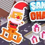 サンタクロースがそりに乗っているイラストとプレゼントの箱が道路に置かれている様子。