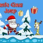 サンタクロースが雪の中でプレゼントとともにジャンプしているイラスト。