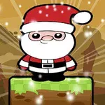 サンタクロースのキャラクターが雪の降る風景の中で緑のブロックの上に立っている。