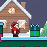 サンタクロースがプレゼントの前に立っており、背景にはクリスマスツリーと木造の家があるピクセルアート風の画像。