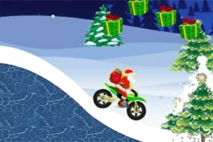 サンタクロースがオートバイに乗って雪の丘を走り、周囲にクリスマスツリーとプレゼントが浮かんでいる景色。