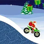 サンタクロースがオートバイに乗って雪の丘を走り、周囲にクリスマスツリーとプレゼントが浮かんでいる景色。