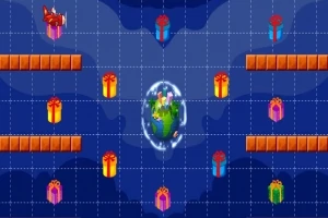 青い背景に、中央の地球の周りに配置されたカラフルなプレゼントと赤い飛行機。