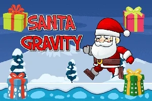 サンタクロースが雪の上を走っているイラストで、背景にプレゼントと「SANTA GRAVITY」の文字があります。