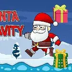 サンタクロースが雪の上を走っているイラストで、背景にプレゼントと「SANTA GRAVITY」の文字があります。