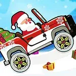 サンタクロースがプレゼントを積んだ赤い車を運転して雪道を走っているイラスト。