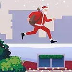 サンタクロースがプレゼントの袋を背負って屋根の上を走っているイラスト。