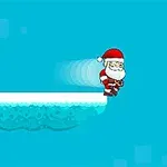 サンタクロースが雪の積もった浮島の間を移動しているイラスト。