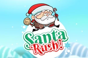 サンタクロースが空を飛びながら袋を持っているイラストと「Santa Rush!