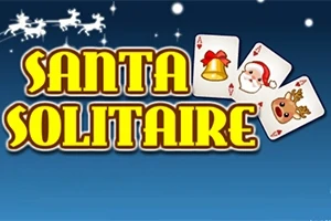 青い背景に、黄色で「SANTA SOLITAIRE」と書かれた文字と、サンタクロースやトナカイ、ベルのイラストが描かれた3枚のカードが並ぶ。