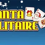 青い背景に、黄色で「SANTA SOLITAIRE」と書かれた文字と、サンタクロースやトナカイ、ベルのイラストが描かれた3枚のカードが並ぶ。