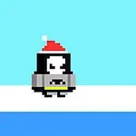 赤い帽子をかぶったドット絵のペンギンが白い雪の上に立っている。
