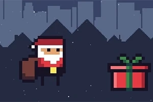 サンタクロースのキャラクターピクセルアートとプレゼントの箱が夜の背景に描かれている。