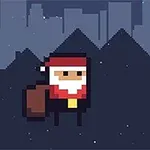 サンタクロースのキャラクターピクセルアートとプレゼントの箱が夜の背景に描かれている。