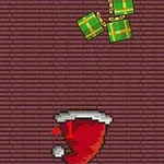赤い背景にギフトボックスとサンタクロースの帽子が描かれたピクセルアート。