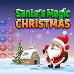 サンタクロースとクリスマスツリーのビーズ、家の周りの雪景色を描いたカラフルなイラスト。