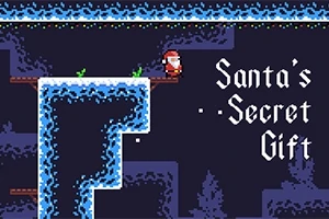 サンタクロースのキャラクターが氷のプラットフォームに立つ、ドット絵スタイルのデザイン。