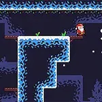 サンタクロースのキャラクターが氷のプラットフォームに立つ、ドット絵スタイルのデザイン。