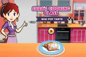 オレンジ色のテーブルの上にミニポップタルトが置かれ、背景にはキッチンとキャラクターがいます。