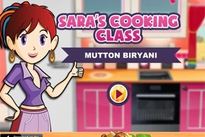 アニメ風のキャラクターがキッチンに立ち、「Mutton Biryani」と書かれたバナーがある。