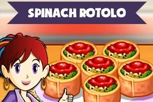 赤毛の女性キャラクターと「SPINACH ROTOLO」の文字、ほうれん草のロトロが並んでいるイラスト。