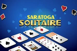 青い背景にトランプのカードが並び、「SARATOGA SOLITAIRE」という文字が中央に配置されています。