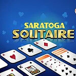 青い背景にトランプのカードが並び、「SARATOGA SOLITAIRE」という文字が中央に配置されています。