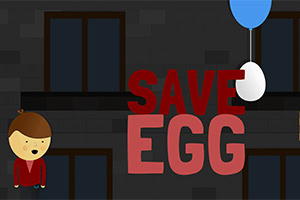 アニメ風のキャラクターと青い風船につるされた卵、そして「SAVE EGG」という文字が書かれた、暗い背景の画像。