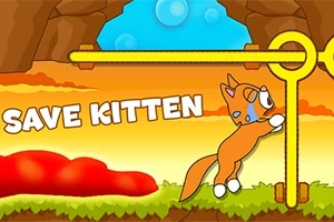 オレンジ色の子猫が洞窟の中で棒を押しているイラスト。