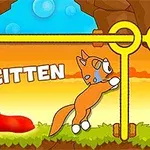 オレンジ色の子猫が洞窟の中で棒を押しているイラスト。