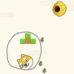 砂色の背景に犬のキャラクターとミツバチの群れが描かれている画像。