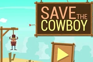 カウボーイが吊るされている場面の右側に「SAVE THE COWBOY」と書かれた看板と再生ボタンがあるイラスト。