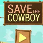 カウボーイが吊るされている場面の右側に「SAVE THE COWBOY」と書かれた看板と再生ボタンがあるイラスト。