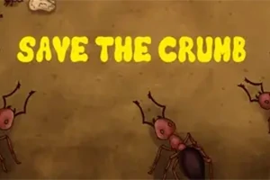 茶色の背景に「SAVE THE CRUMB」という黄色い文字と、数匹の蟻が描かれているイラスト。