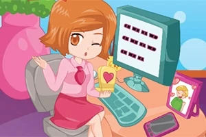ピンクの服を着た茶髪のアニメ風の女の子が、コンピューターの前に座りながらウィンクし、手にハートの絵が付いたボックスを持っている。