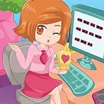 ピンクの服を着た茶髪のアニメ風の女の子が、コンピューターの前に座りながらウィンクし、手にハートの絵が付いたボックスを持っている。